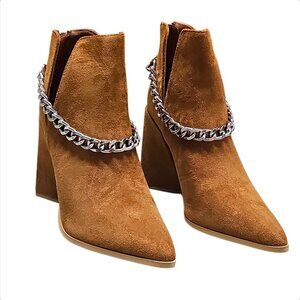 Tan Faux Suede Pointed Toe Ankle Boots With Silver Chain Detail & Block Heel